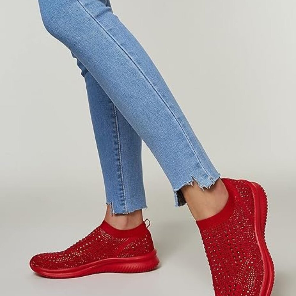 New BELOS Women's Rhinestone Mesh Slip On Walking Shoes Fashion Breathable